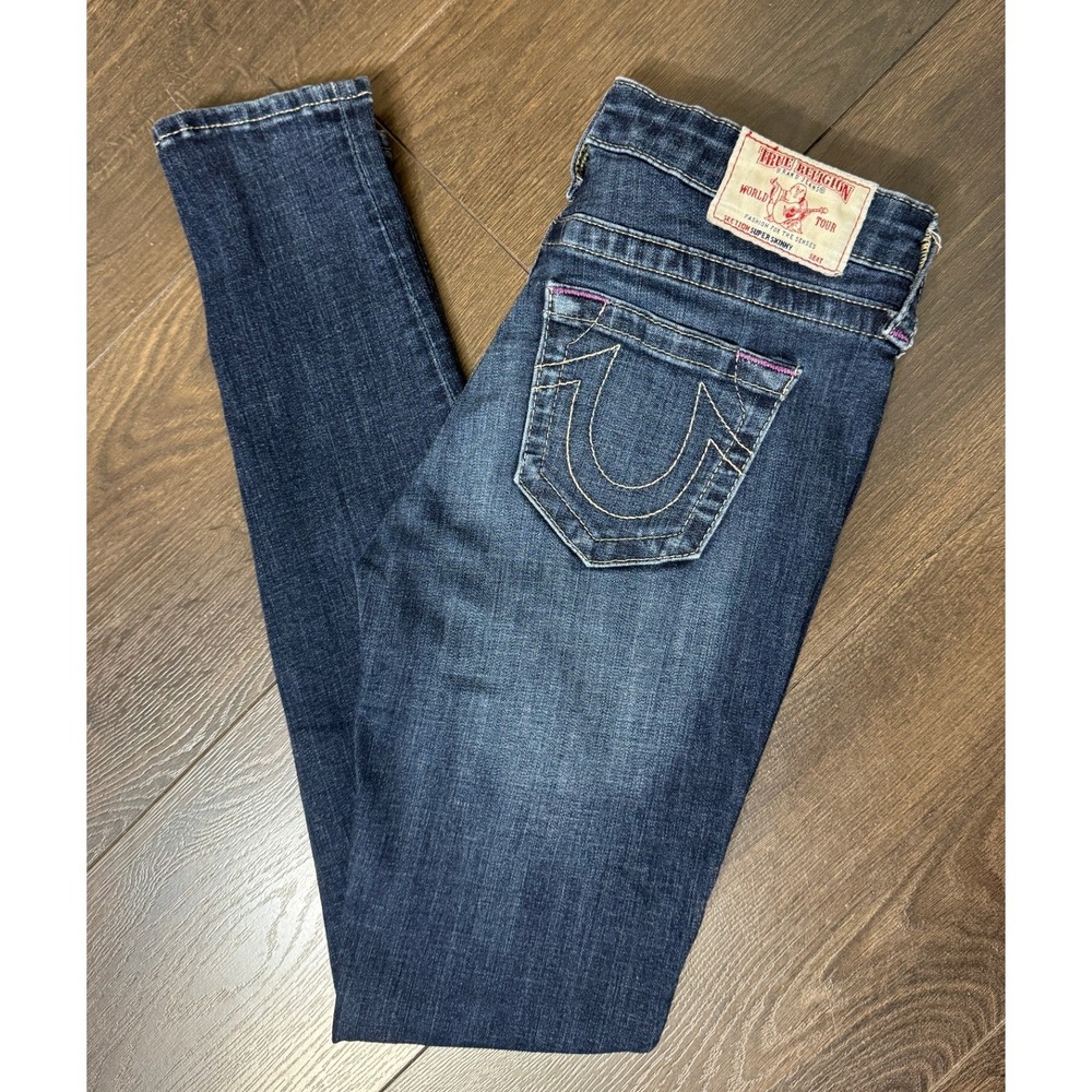 True Religion Jeans 27 Super Skinny Dark Wash Low Rise Jeans Purple Stitching